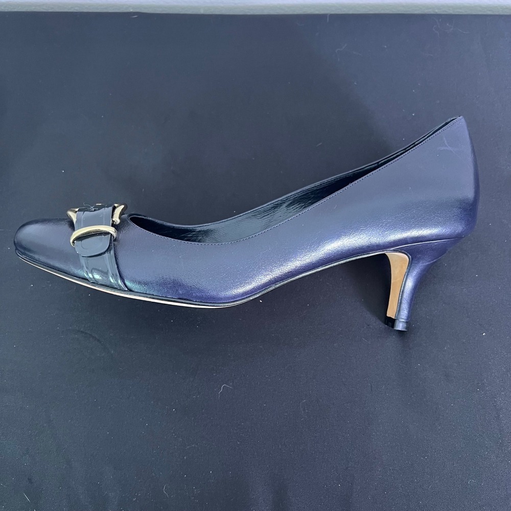 Cole Haan Nike Air Pumps 10.5 Navy Blue Leather Kitten Heel Buckle Office Luxury - Picture 5 of 10